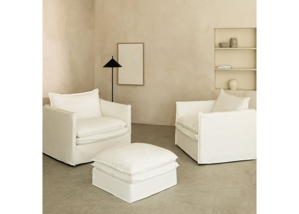 Set lounge Grace in lino e cotone con 2 poltrone e puff