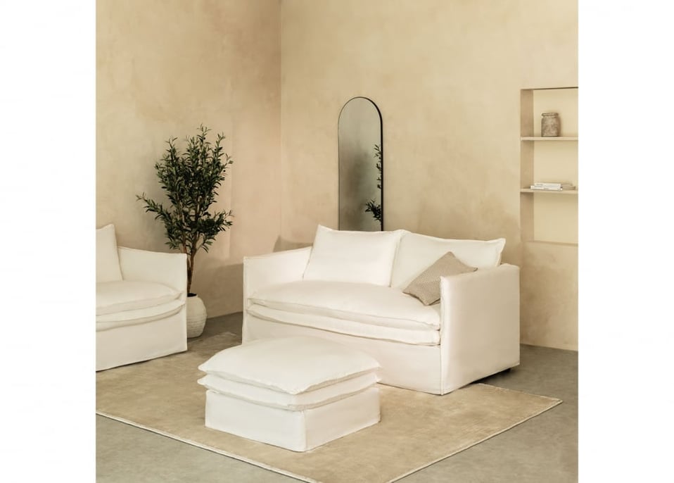 Set da soggiorno Grace in lino e cotone con divano 2 posti e pouf - Tessuto Bianco Antico