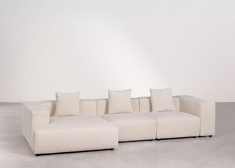 Divano modulare con chaise longue sinistra a 3 pezzi ↔︎335 cm con bracciolo alto Bruna - Velluto a Coste Beige Lin