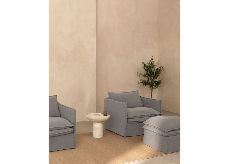 Set da soggiorno con 2 poltrone e un pouf in lino e cotone Grace