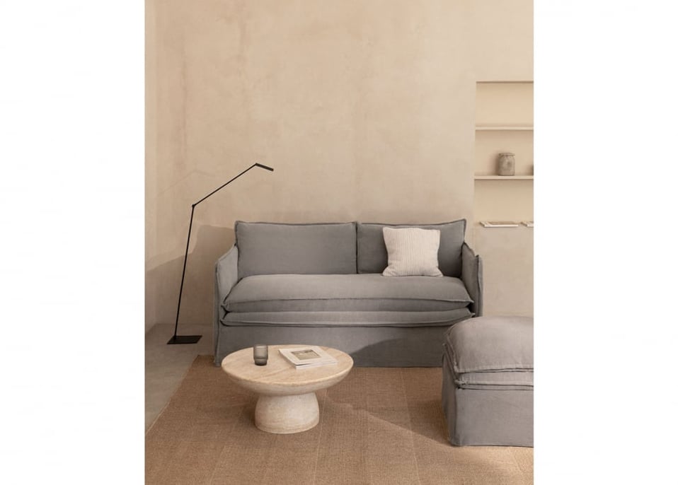 Set da soggiorno Grace in lino e cotone con divano 2 posti e pouf