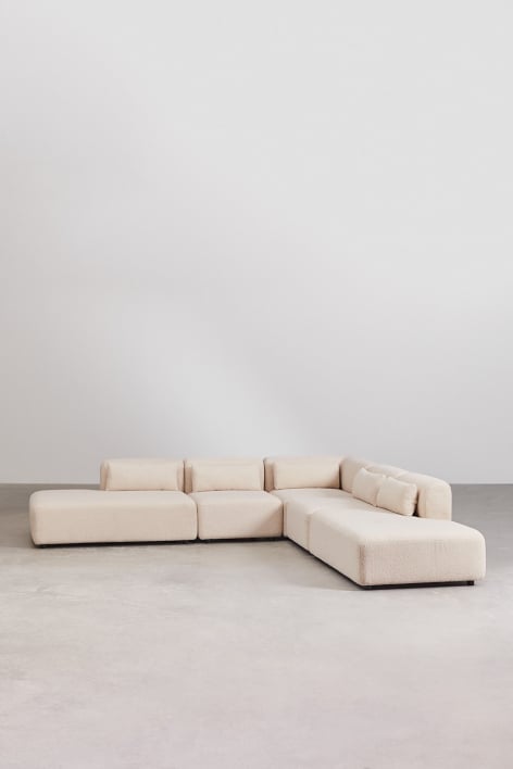 Divano modulare angolare Fogler in 5 pezzi con doppia chaise lounge - Ciniglia Crema Beige