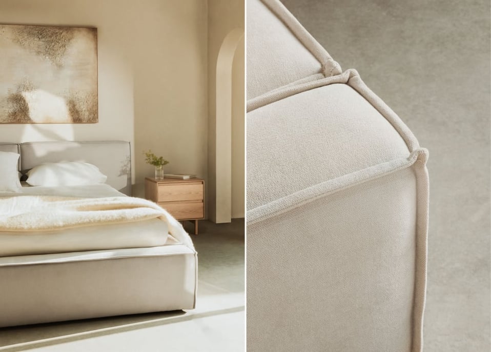 Letto per materasso 180x200cm con contenitore ribaltabile in tessuto grigio sabbia Lunari - Tessuto Grigio sabbia