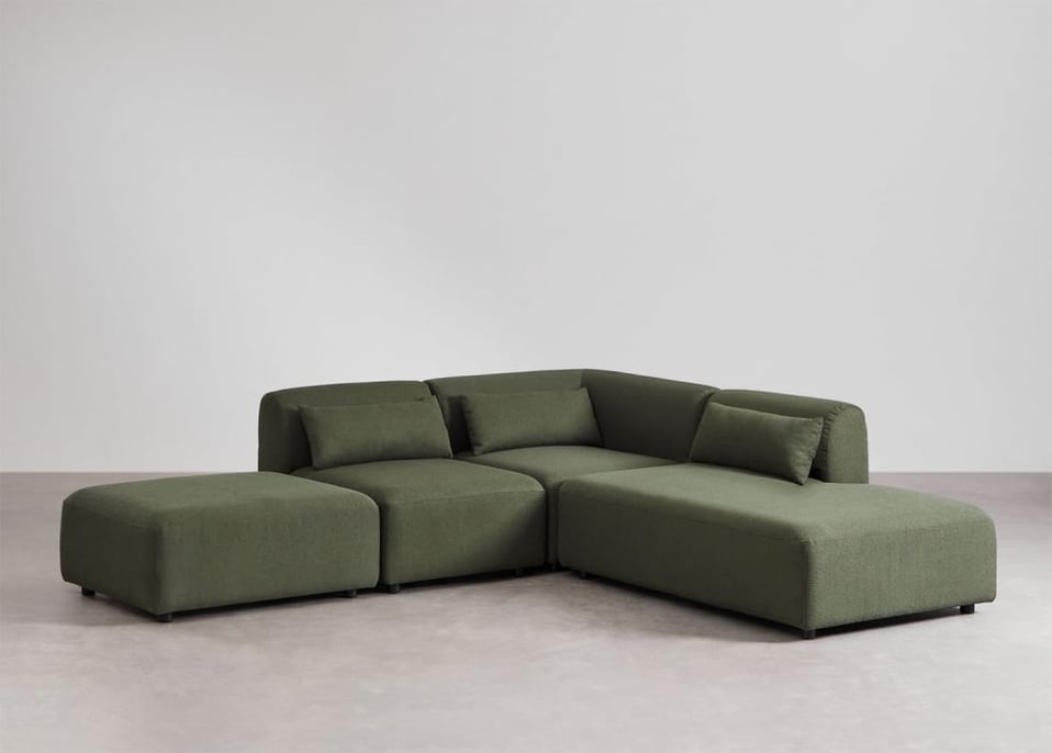 Divano angolare componibile in 3 pezzi con chaise longue destra e pouf Fogler - Ciniglia Verde Salvia