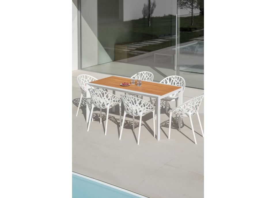 Set tavolo rettangolare in legno e alluminio Archer Classic (160x90 cm) e 6 sedie da giardino impilabili Ores