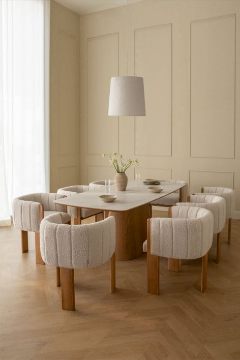 Set tavolo rettangolare impiallacciato in ceramica (200x100 cm) Aura e 8 sedie da pranzo in legno di frassino e tessuto Leo bouc