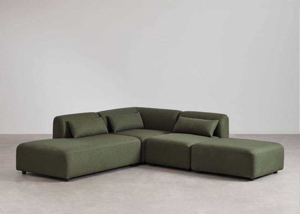 Divano angolare componibile in 3 pezzi con chaise longue sinistra e pouf Fogler - Ciniglia Verde Salvia