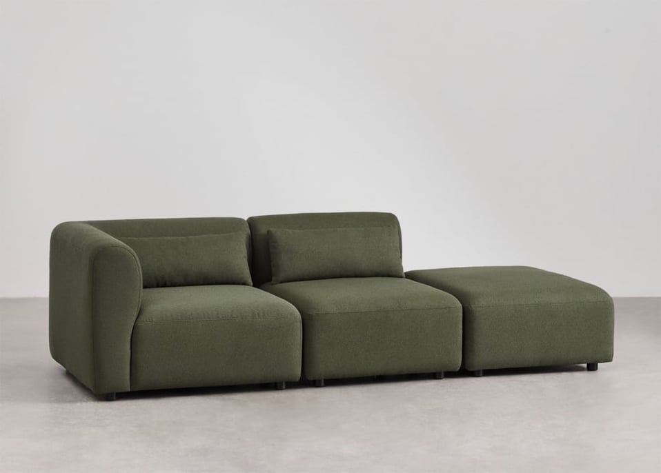 Divano componibile angolare in 2 pezzi con pouf Fogler - Ciniglia Verde Salvia