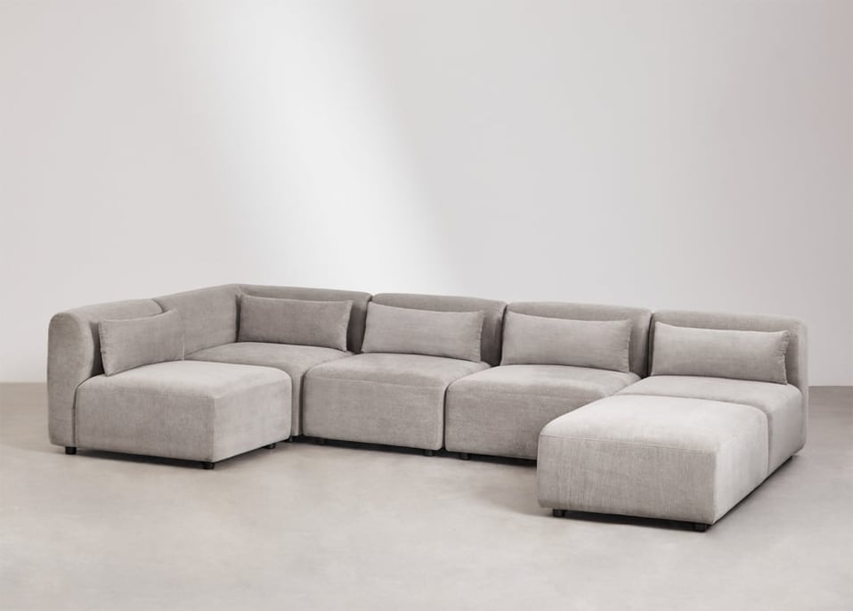 Divano componibile angolare in 5 pezzi con pouf Fogler - Velluto a Coste Grigio Talpa Chiaro