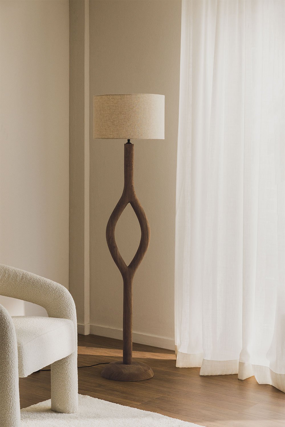 Lampada da terra in legno di mango, lino e cotone Agara, immagine della galleria 1