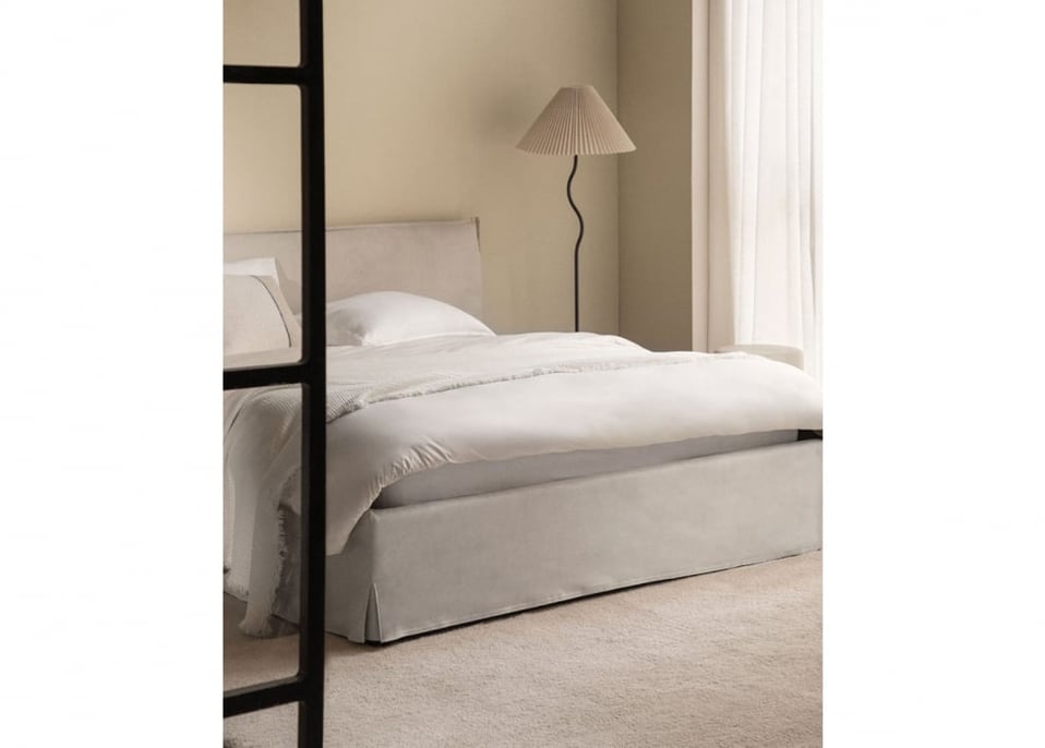 Letto per materasso 160x200cm con contenitore ribaltabile in tessuto bianco panna Lorea