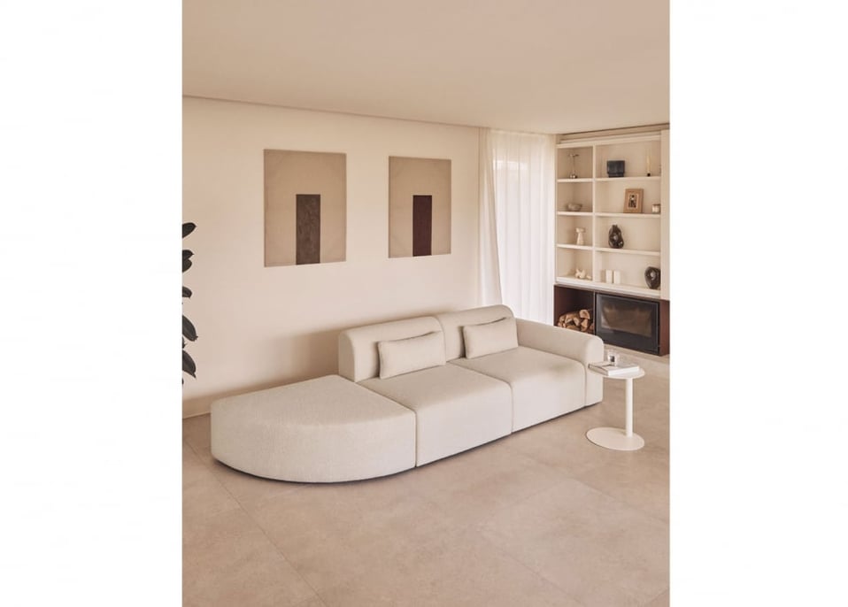 Divano componibile angolare destro in 2 pezzi con pouf triangolare in shearling Borjan - Ciniglia Blanc
