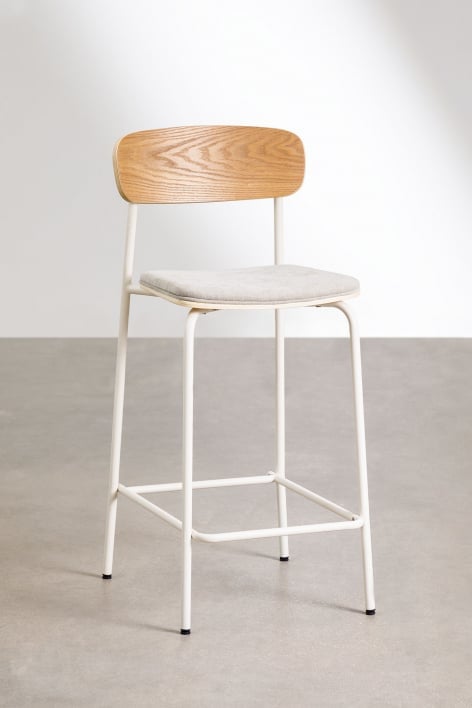 Pack di 2 sgabelli alti 65cm in ferro finitura bianco gardenia, tessuto bianco panna e legno Wilpier - Gardenia Bianco