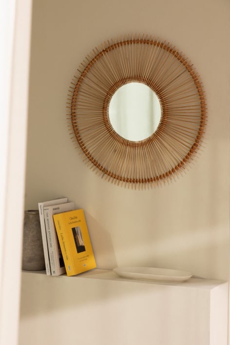 Specchio rotondo da parete in rattan Biok