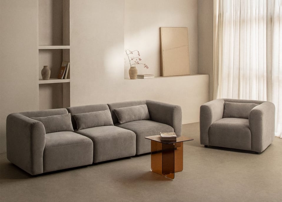 Set soggiorno con divano componibile in 3 pezzi e poltrona Fogler