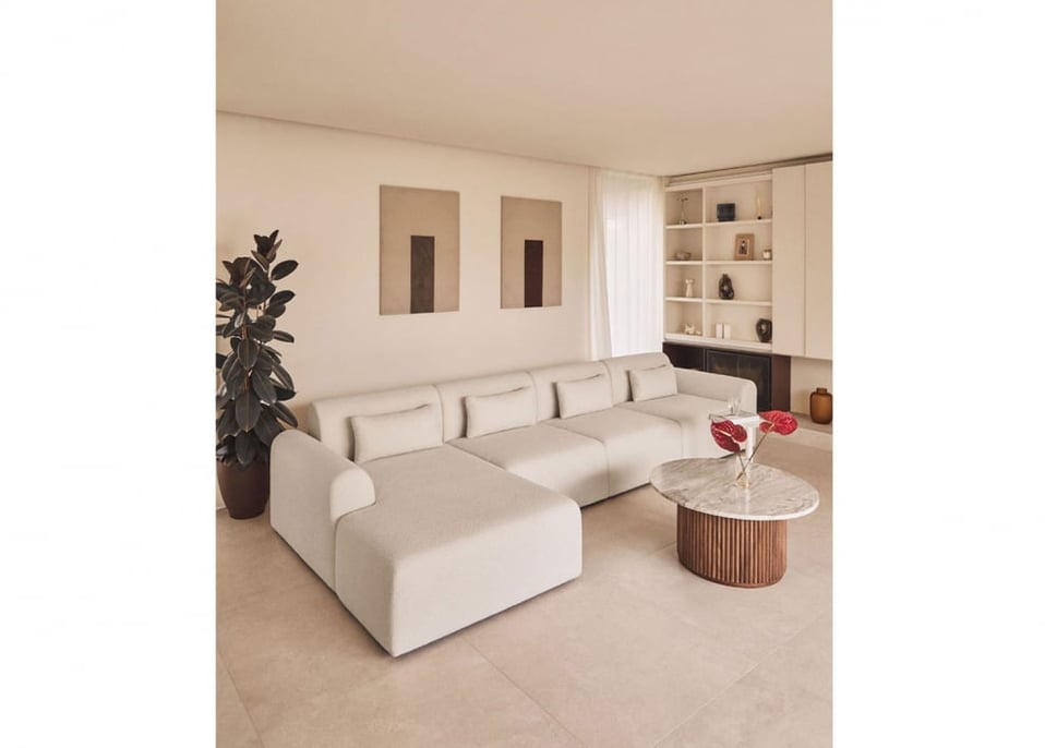 Divano modulare con chaise longue sinistra a 4 pezzi in tessuto bouclé Borjan - Ciniglia Blanc
