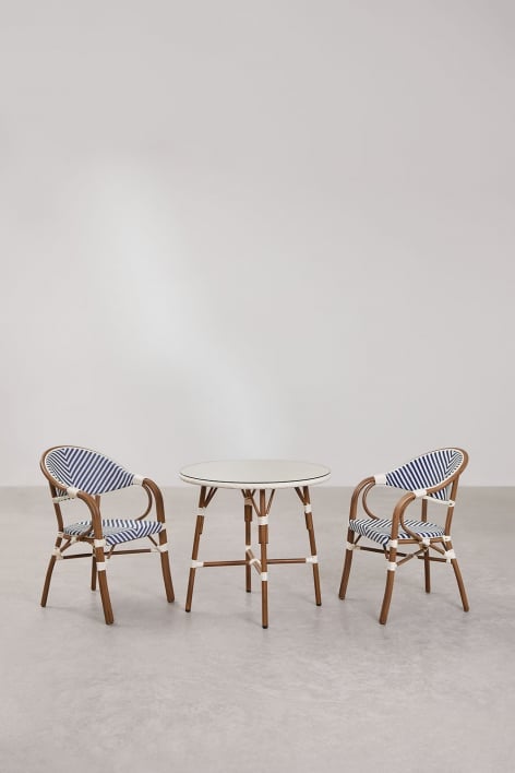 Set da tavolo rotondo Brielle Bistro, Ø80 cm, e due sedie da pranzo impilabili con braccioli in alluminio. - Ken Blue - Gardenia Bianco