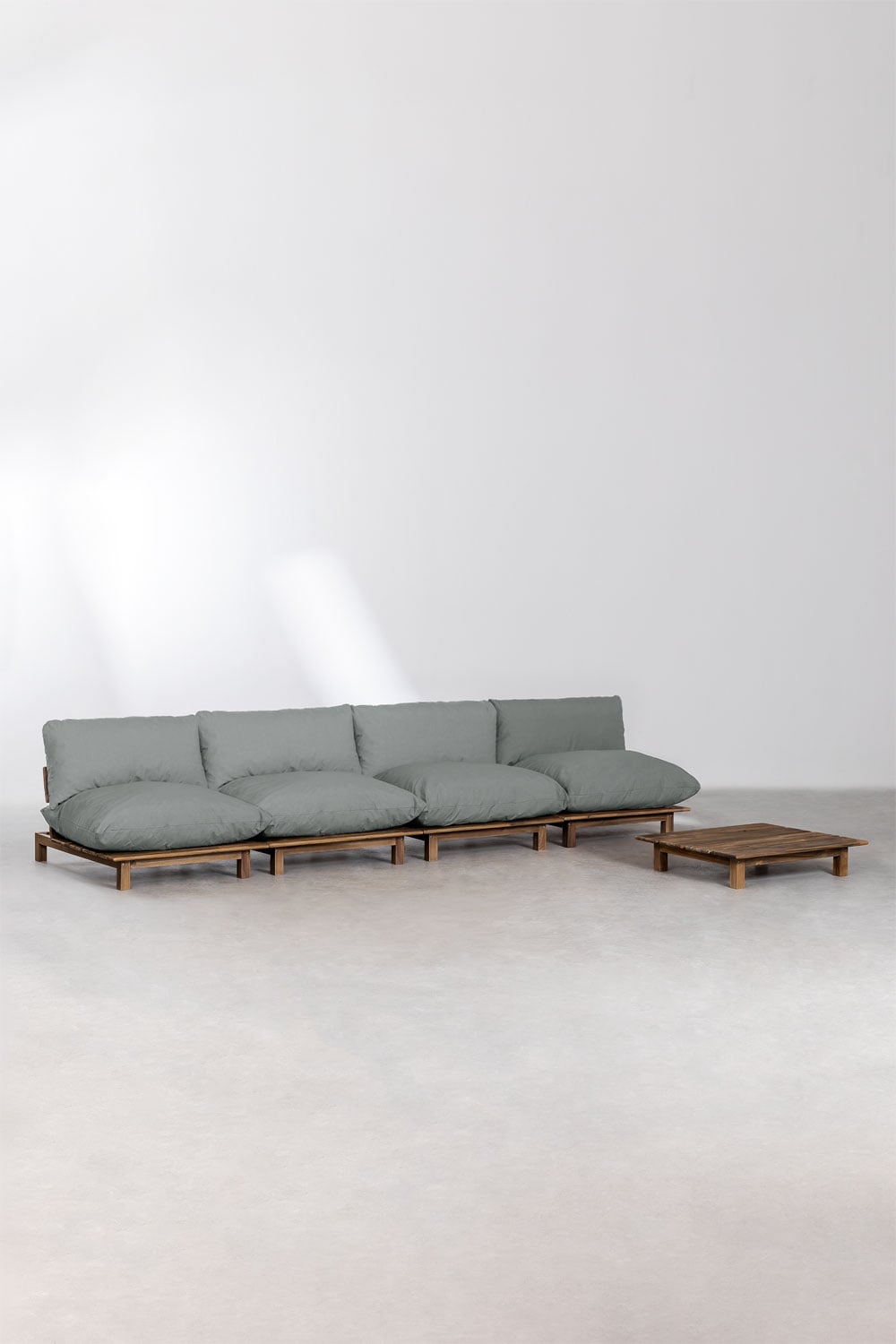 Set soggiorno con divano reclinabile modulare da 4 pezzi e tavolino in legno di acacia Brina, immagine della galleria 1