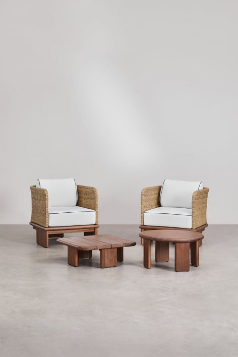 Set soggiorno con 2 poltrone e 2 tavolini in rattan e legno di acacia Famara