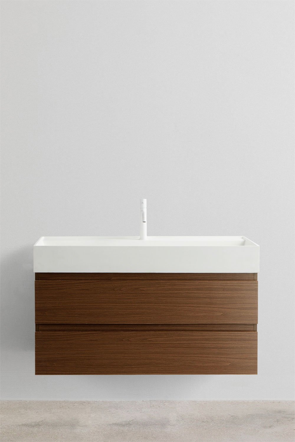 Set di mobili da bagno sospesi in legno e impiallacciatura di frassino con lavabo integrato Ona, immagine della galleria 2