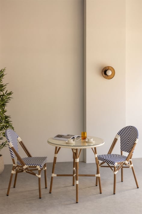 Set da tavolo rotondo Ø80 cm e 2 sedie da pranzo impilabili in alluminio e rattan sintetico Brielle Bistro