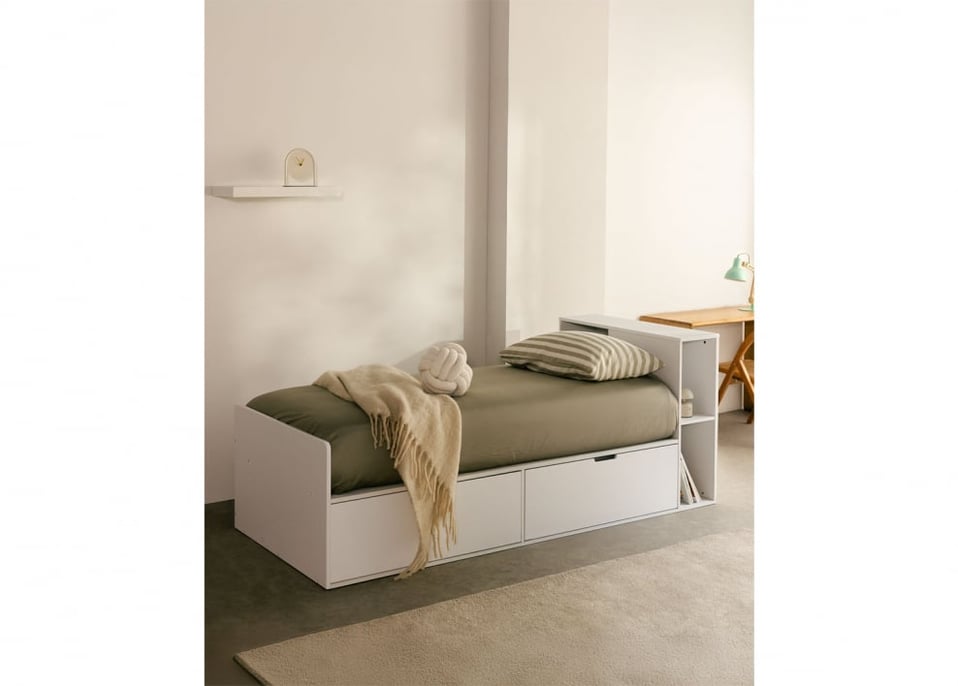 Letto per materasso 90x190cm con 2 cassetti e contenitore bianco Janete - Bianco