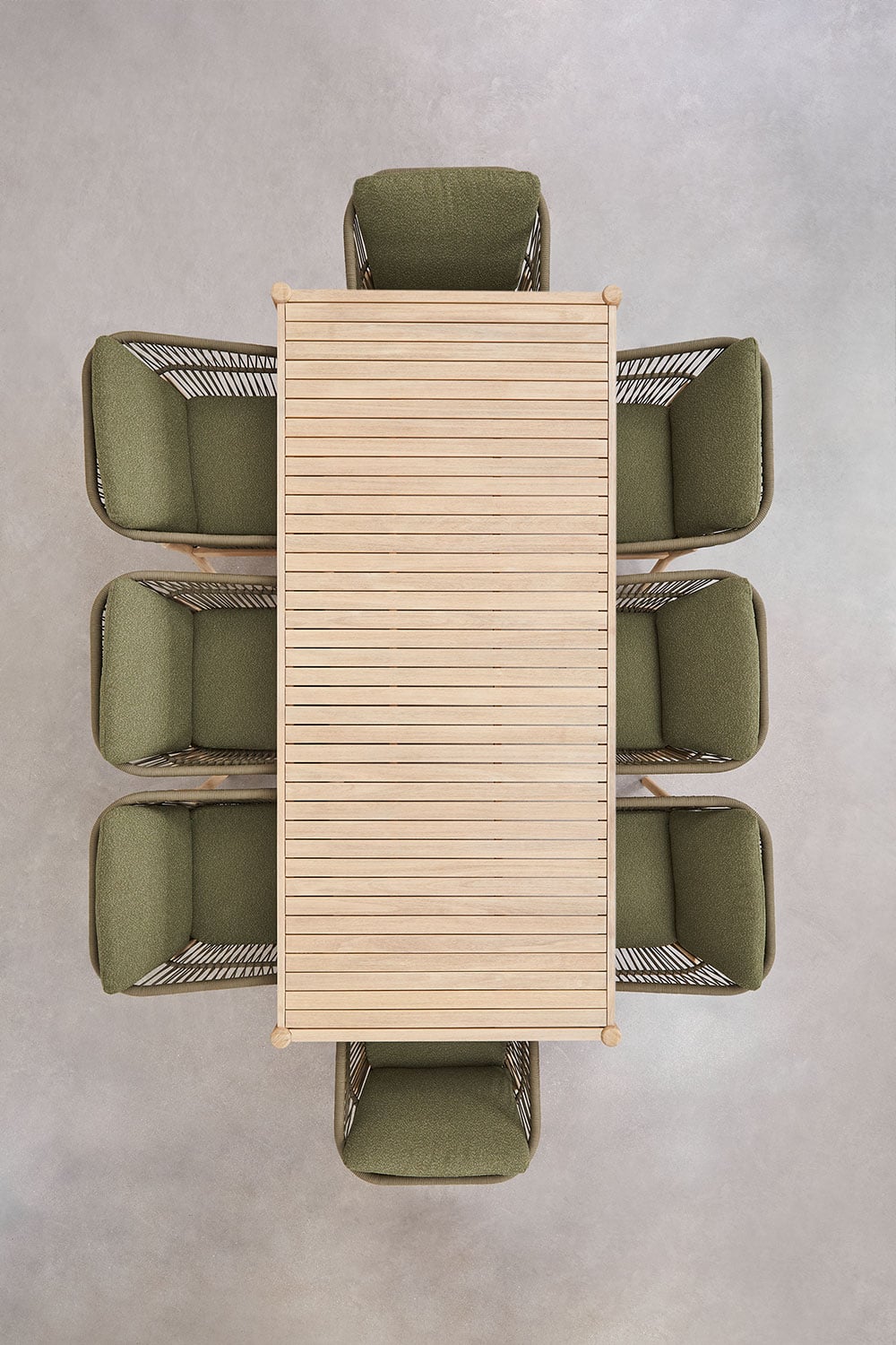 Set da tavolo rettangolare 220x100 cm e 8 sedie da giardino in legno di acacia e corda intrecciata Karvia, immagine della galleria 3