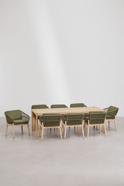 Set tavolo rettangolare 220x100 cm e 8 sedie da pranzo in legno di acacia e corda intrecciata Karvia