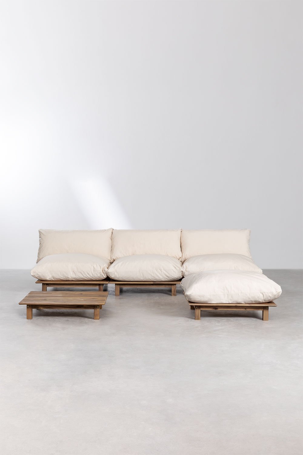 Set soggiorno con divano reclinabile componibile 3 pezzi, tavolino e pouf in legno di acacia Brina, immagine della galleria 3