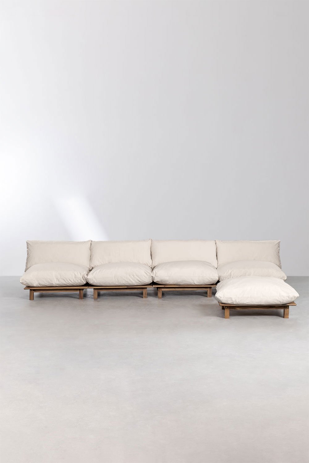 Divano modulare reclinabile da giardino 4 pezzi con pouf in legno di acacia Brina, immagine della galleria 4