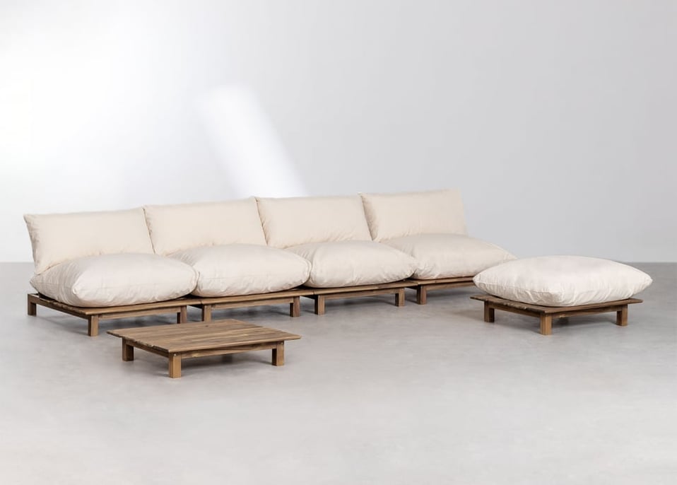 Set da salotto modulare reclinabile a 4 pezzi, tavolino da caffè e pouf in legno di acacia Brina