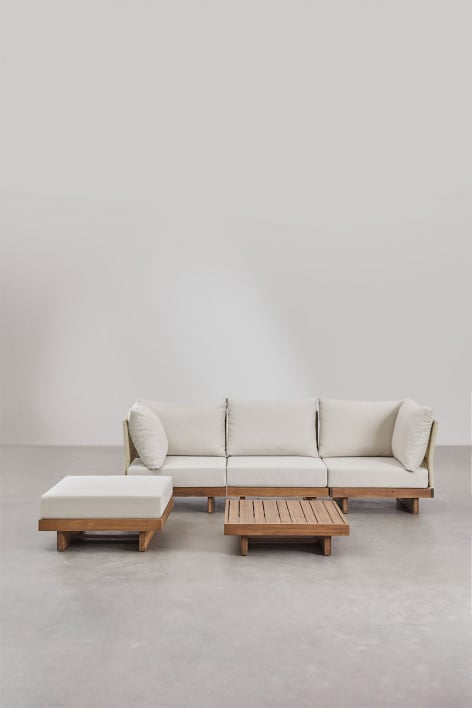 Set soggiorno con divano componibile 3 pezzi con 2 poltrone angolari, tavolino e pouf in legno di acacia Dailin