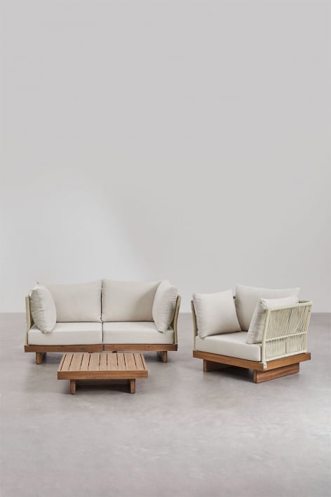 Set soggiorno con divano componibile 2 pezzi con 2 poltrone angolari, tavolino e poltrona in legno di acacia Dailin