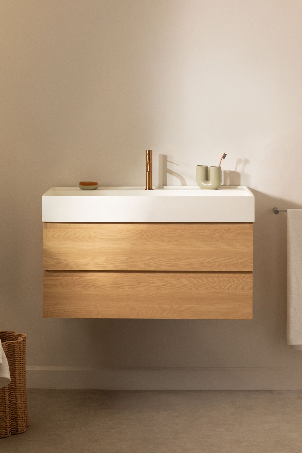 Set di mobili da bagno in legno e impiallacciatura di frassino con lavabo integrato Ona, immagine della galleria 1