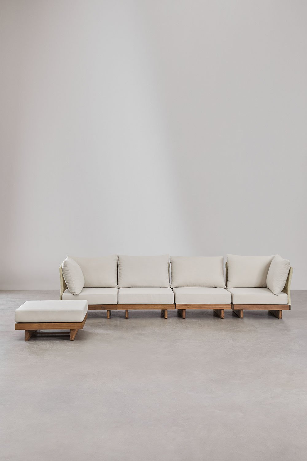 Divano modulare da giardino a 4 pezzi con 2 poltrone angolari e pouf in legno di acacia Dailin, immagine della galleria 4