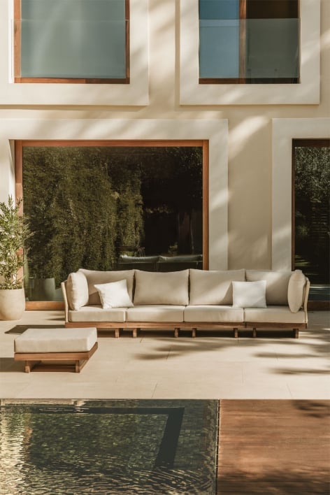 Divano modulare da giardino a 4 pezzi con 2 poltrone angolari e pouf in legno di acacia Dailin