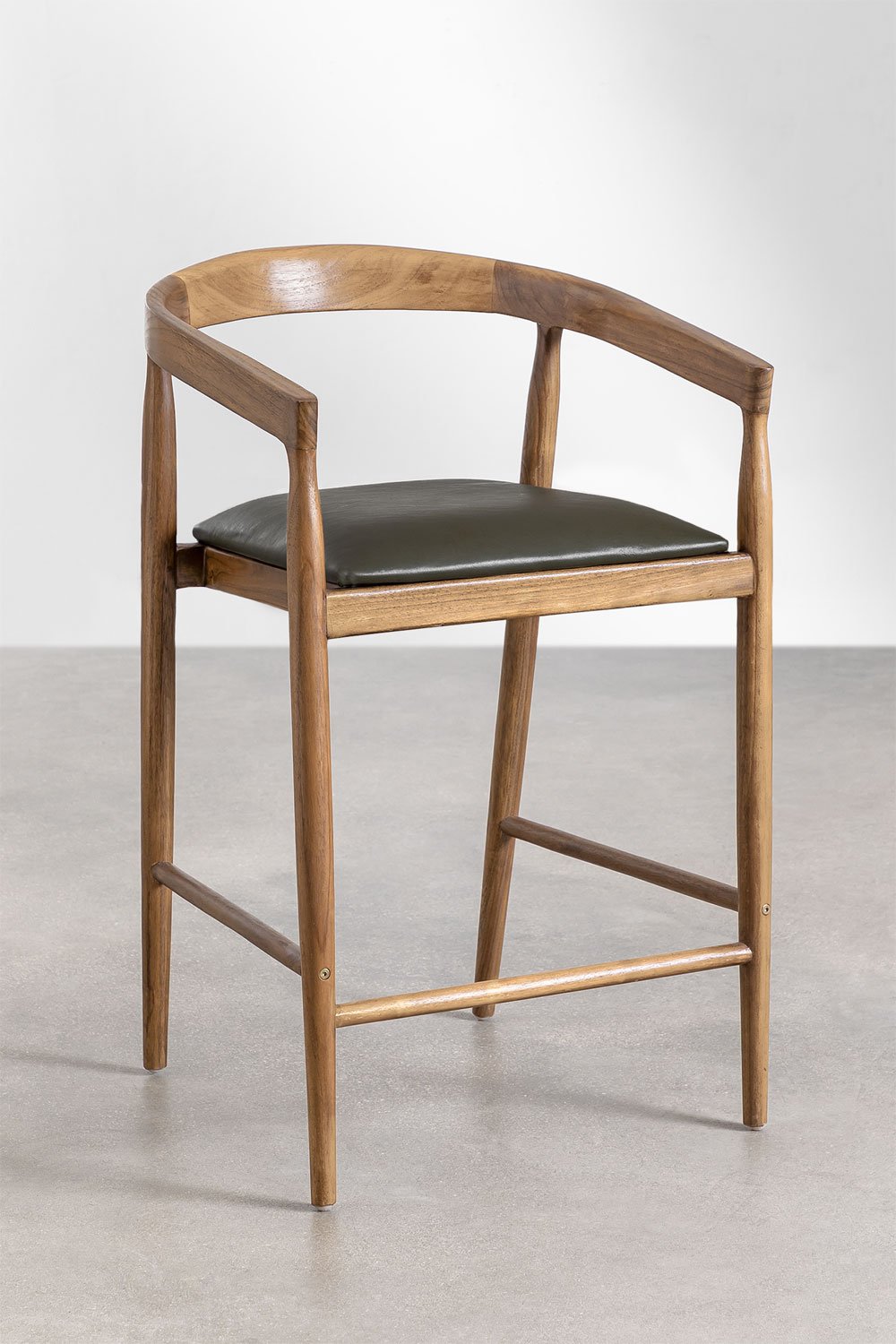 Pack di 4 sgabelli alti 70 cm in legno di teak e pelle verde army Visby, immagine della galleria 2