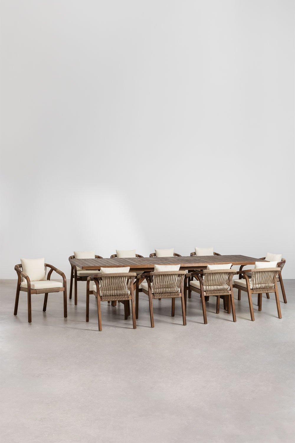 Set tavolo rettangolare estensibile 200-260-320x100 cm e 10 sedie da pranzo con braccioli in legno di acacia Dubai, immagine della galleria 3