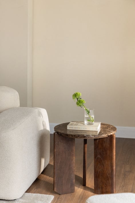 Tavolino rotondo Lavinia Ø50 cm in pietra naturale e legno di mango - Marmo Marrone