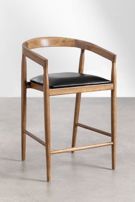 Pack di 2 sgabelli alti 70 cm in legno di teka e pelle nera Visby