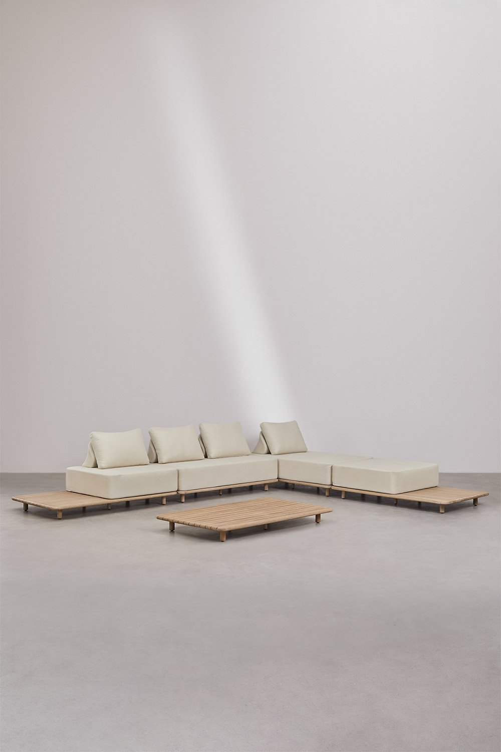 Set da giardino con divano modulare chaise longue a 4 pezzi con tavolino laterale e tavolino da caffè 160x95 cm in acacia Portet, immagine della galleria 2