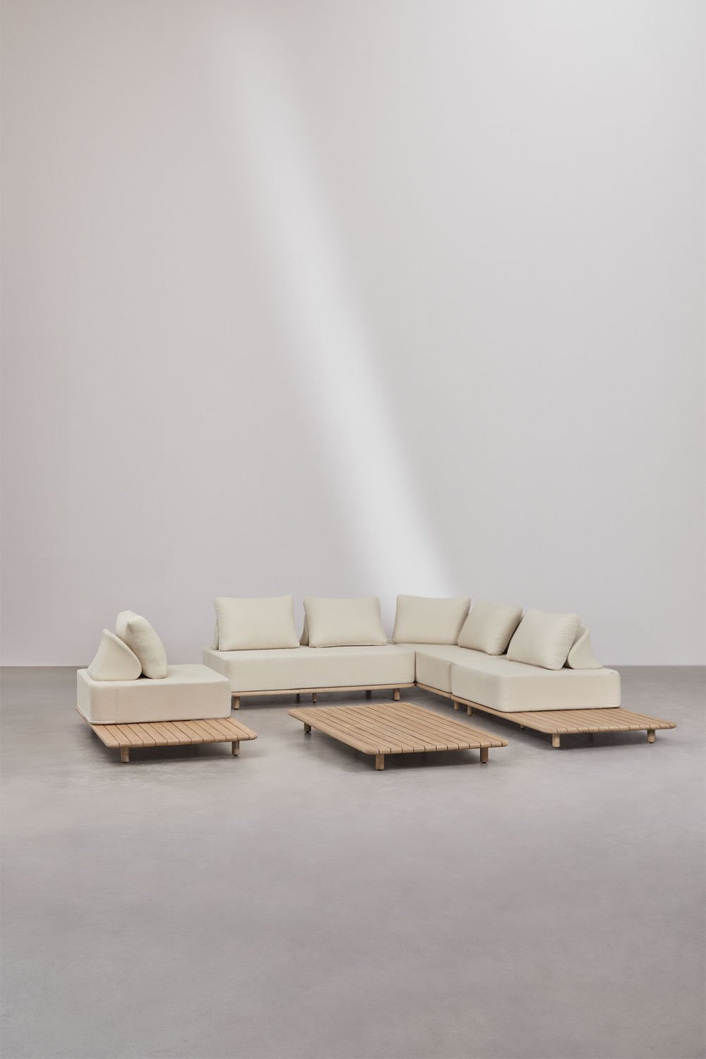 Set da giardino con divano modulare angolare a 3 pezzi con tavolino laterale e tavolino da centro 160x95 cm in acacia Portet, immagine della galleria 3
