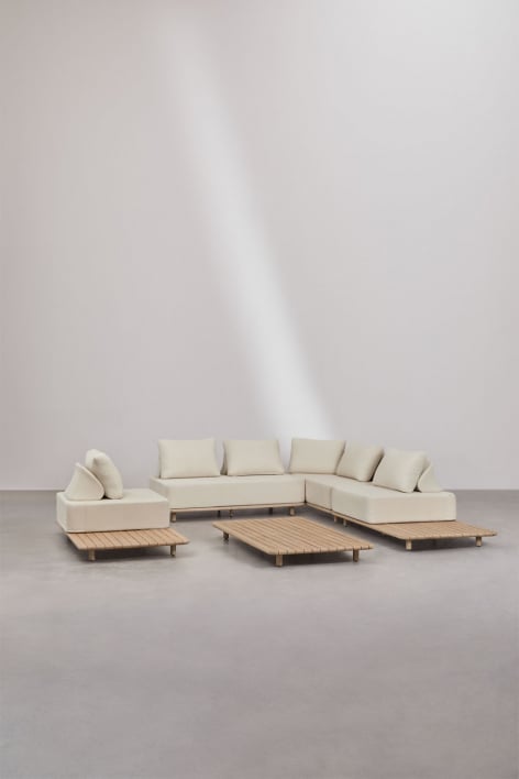 Set da soggiorno con divano angolare modulare a 3 pezzi, tavolino laterale e tavolino da caffè, 160 x 95 cm, in acacia Portet.