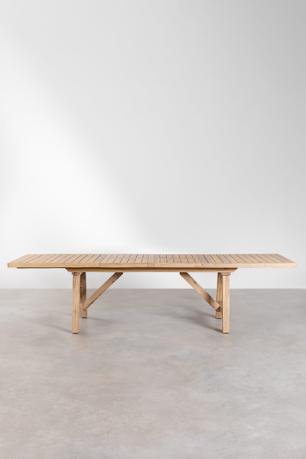 Set da tavolo rettangolare 200-260-320x100 cm estensibile e 10 sedie da giardino con braccioli in legno di acacia Dubai, immagine della galleria 3