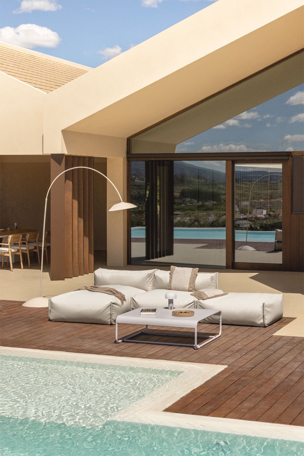 Set da giardino Porto con divano chaise longue modulare da 2 pezzi, pouf e tavolino, immagine della galleria 1