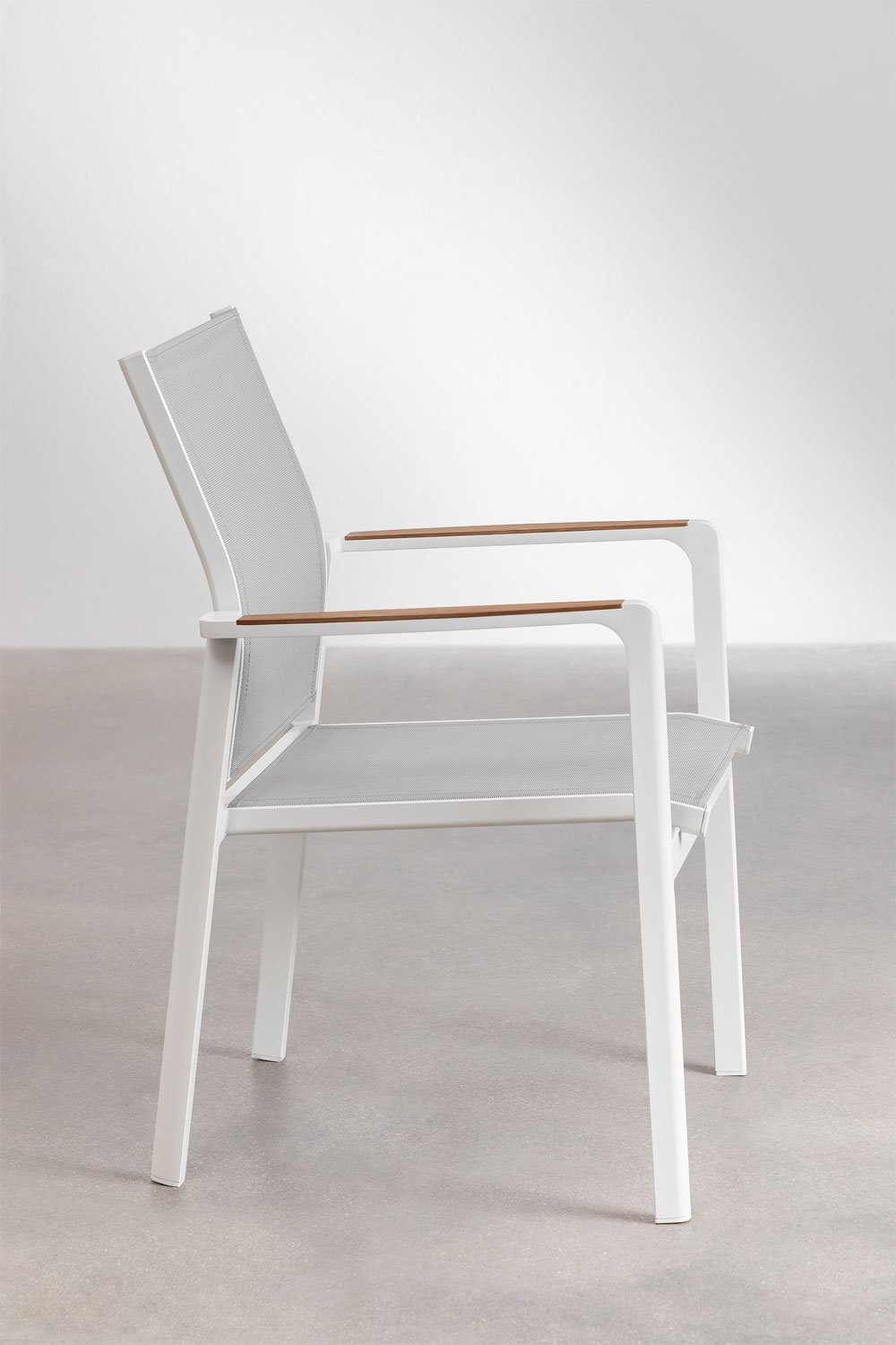 Set da tavolo ovale Taneli 260x110 cm in alluminio e legno di teak e 10 sedie da giardino impilabili Elvira in alluminio., immagine della galleria 6