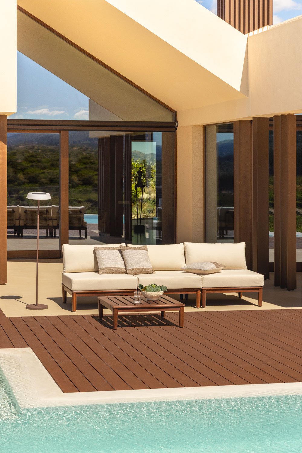 Set da giardino con divano modulare a 3 pezzi e tavolino in acacia Giulia, immagine della galleria 1