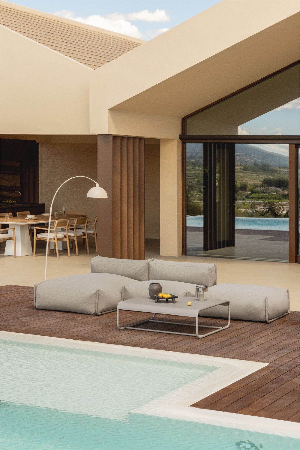 Set da giardino Porto con divano chaise longue modulare da 2 pezzi, pouf e tavolino, immagine della galleria 1