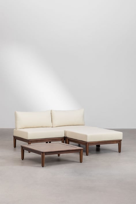 Set da salotto con divano modulare a 2 pezzi, tavolino da caffè e pouf in acacia Giulia