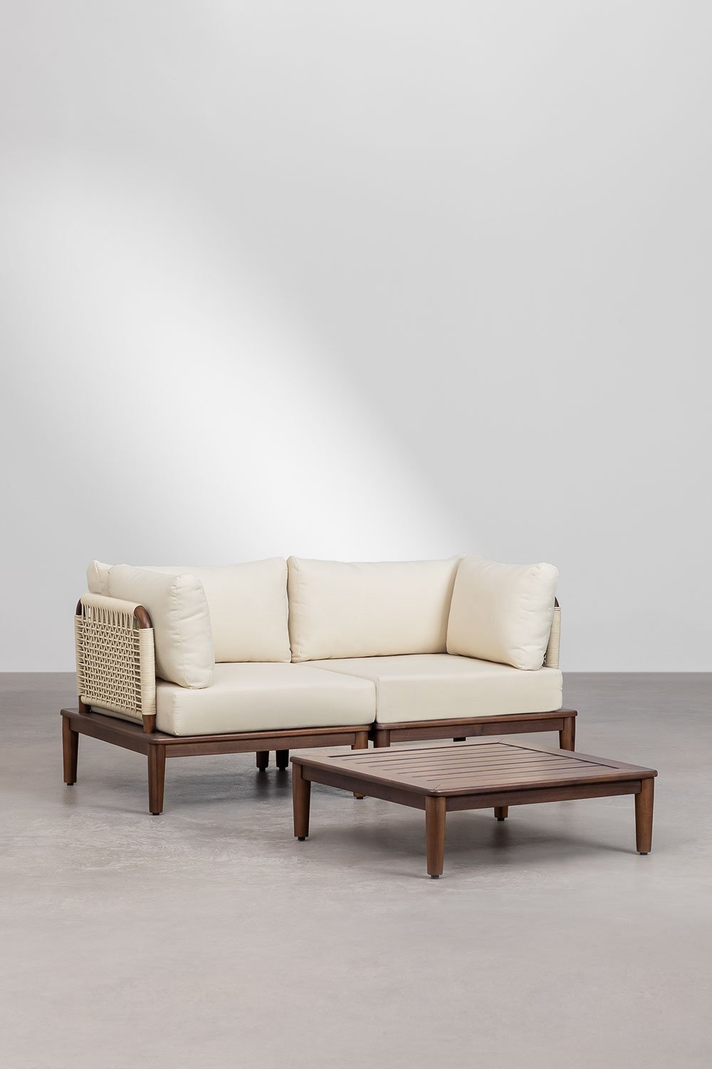 Set da salotto con divano modulare a 2 pezzi, 2 poltrone angolari e tavolino da caffè in acacia Giulia, immagine della galleria 1